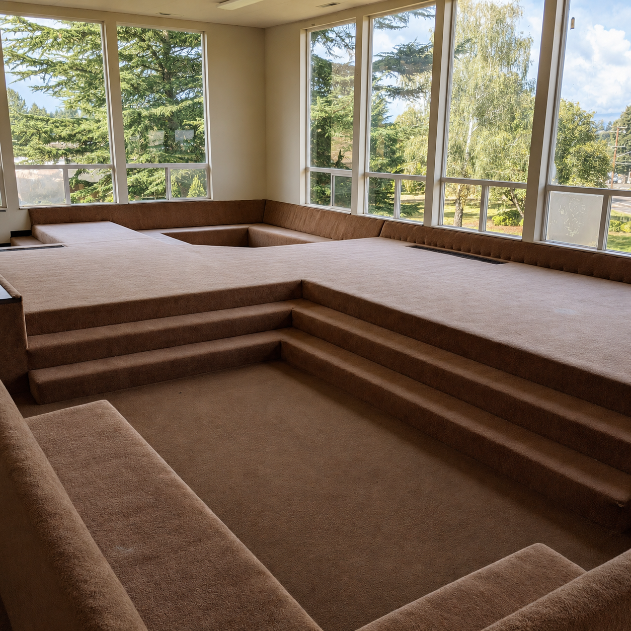 Earlier photograph of the conversation pit gathering area; not current condition